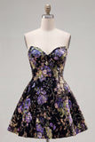 Sweetheart Black A-Line Sequin Floral Homecoming Dress