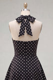 Black White Dot Halter A-Line Cut Out Homecoming Dress
