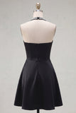 Halter Black A-Line Satin Homecoming Dress with Beading