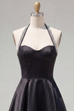 Halter Black A-Line Satin Homecoming Dress with Beading