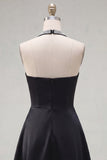 Halter Black A-Line Satin Homecoming Dress with Beading
