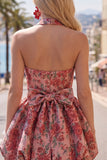 Halter Red Floral A-Line Homecoming Dress with Bow