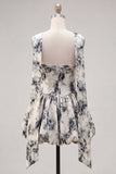 White Black Floral Sweetheart A-Line Homecoming Dress with Neck Scarf