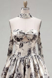 White Black Floral Sweetheart A-Line Homecoming Dress with Neck Scarf