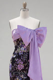 Strapless Black Floral Bodycon Sequin Homecoming Dress with Large Bow