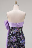 Strapless Black Floral Bodycon Sequin Homecoming Dress with Large Bow