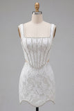 Square Neck White Bodycon Corset Homecoming Dress with Beading