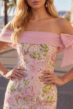 Off the Shoulder Pink Bodycon Floral Sequin Homecoming Dress