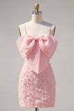 Pink Bodycon Beaded Floral Homecoming Dress with Bow