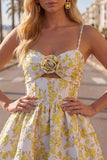 Yellow Spaghetti Straps Floral A-Line Homecoming Dress