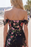 Off the Shoulder Bodycon Floral Black Homecoming Dress with Sash