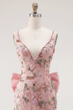 Pink Floral V-Neck Bodycon Homecoming Dress with Slit