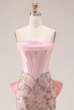 Strapless Corset Pink Bodycon Floral Homecoming Dress with Bow