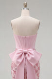 Strapless Corset Pink Bodycon Floral Homecoming Dress with Bow