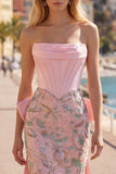 Strapless Corset Pink Bodycon Floral Homecoming Dress with Bow