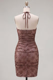Halter Bodycon Ruched Chocolate Homecoming Dress with Beading