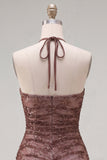 Halter Bodycon Ruched Chocolate Homecoming Dress with Beading
