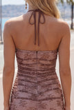 Halter Bodycon Ruched Chocolate Homecoming Dress with Beading