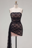 Strapless Black Bodycon Beaded Homecoming Dress with Sash