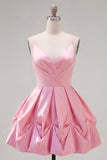 Pink A-Line Spaghetti Straps Ruched Homecoming Dress