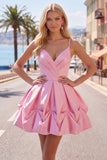 Pink A-Line Spaghetti Straps Ruched Homecoming Dress