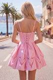 Pink A-Line Spaghetti Straps Ruched Homecoming Dress