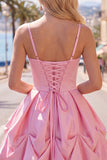 Pink A-Line Spaghetti Straps Ruched Homecoming Dress