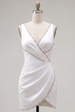 White V-Neck Ruched Bodycon Homecoming Dress with Beading