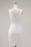 White V-Neck Ruched Bodycon Homecoming Dress with Beading