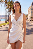 White V-Neck Ruched Bodycon Homecoming Dress with Beading