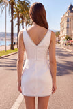 White V-Neck Ruched Bodycon Homecoming Dress with Beading