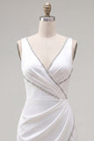White V-Neck Ruched Bodycon Homecoming Dress with Beading