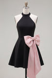 Halter Black Pink A-Line Homecoming Dress with Bow