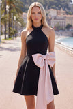 Halter Black Pink A-Line Homecoming Dress with Bow