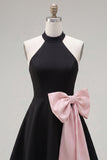 Halter Black Pink A-Line Homecoming Dress with Bow
