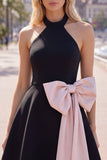 Halter Black Pink A-Line Homecoming Dress with Bow