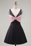 A-Line V-Neck Black Pink Homecoming Dress with Beading