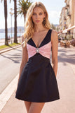 A-Line V-Neck Black Pink Homecoming Dress with Beading