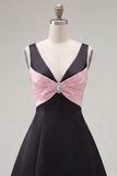 A-Line V-Neck Black Pink Homecoming Dress with Beading