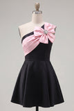 One Shoulder Black Pink A-Line Homecoming Dress with 3D Flower