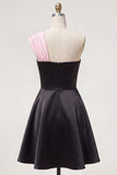 One Shoulder Black Pink A-Line Homecoming Dress with 3D Flower