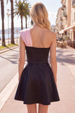 One Shoulder Black Pink A-Line Homecoming Dress with 3D Flower