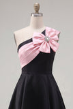 One Shoulder Black Pink A-Line Homecoming Dress with 3D Flower