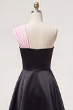 One Shoulder Black Pink A-Line Homecoming Dress with 3D Flower