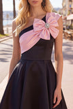 One Shoulder Black Pink A-Line Homecoming Dress with 3D Flower