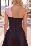 One Shoulder Black Pink A-Line Homecoming Dress with 3D Flower
