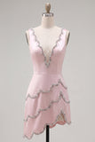 Pink V-Neck Asymmetrical Bodycon Homecoming Dress with Beading