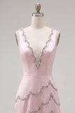 Pink V-Neck Asymmetrical Bodycon Homecoming Dress with Beading