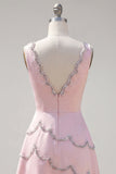 Pink V-Neck Asymmetrical Bodycon Homecoming Dress with Beading