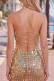 Sparkly Golden Bodycon Strapless Sequins Homecoming Dress